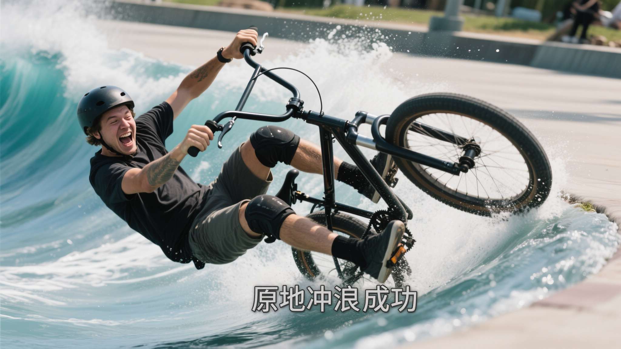 另一段动图显示，骑车者说到激动处，双手脱把配合动作，车身瞬间失控歪向一侧，人还没